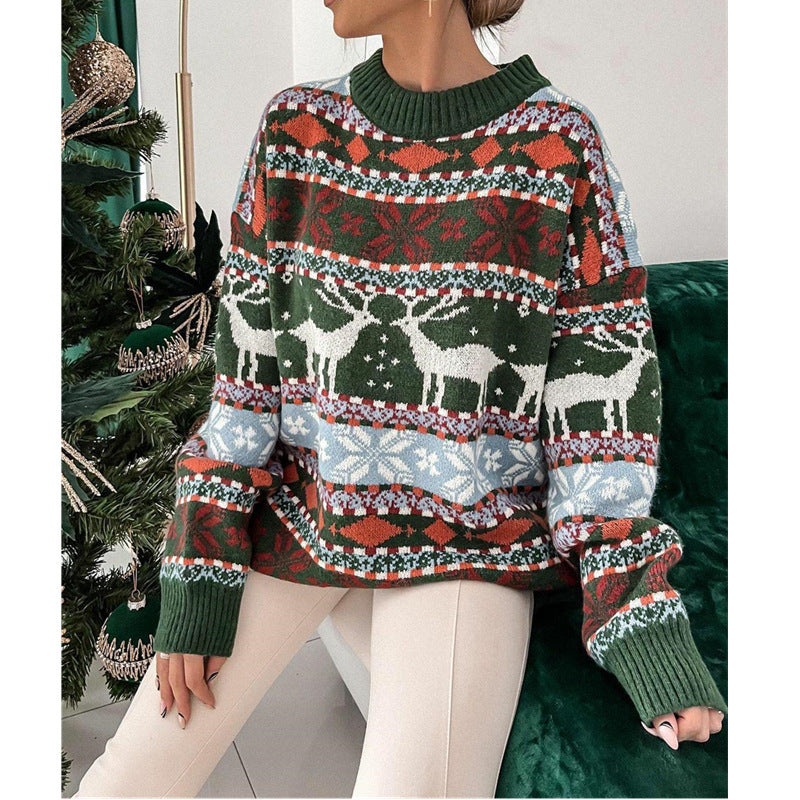 Women's Fashion Round Neck Loose Christmas Theme Jacquard Long Sleeve Sweater