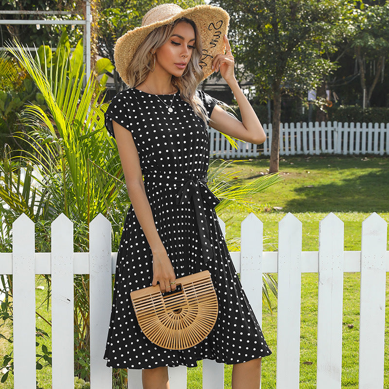 Sommar kvinnor Polka Dot Kort ärm klänning Casual Bandage Party Pleated Midi Klänningar Elegant grön kontor Lady Kläder Klädd