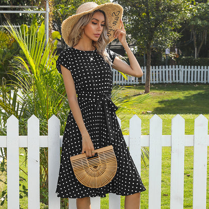 Sommar kvinnor Polka Dot Kort ärm klänning Casual Bandage Party Pleated Midi Klänningar Elegant grön kontor Lady Kläder Klädd