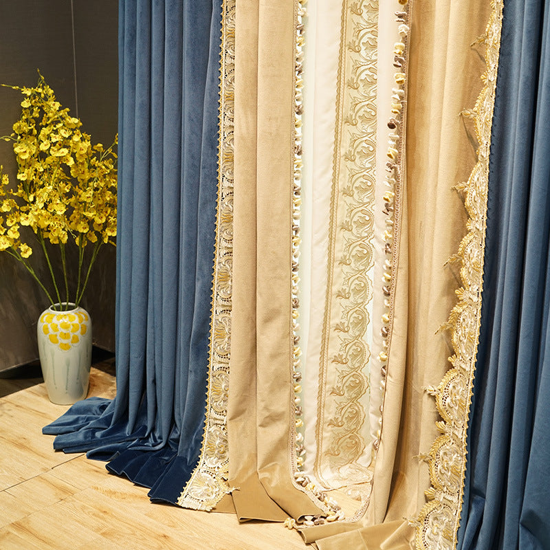 Light Luxury Stitching Dark Blue Velvet Cloth Bedroom Water-soluble Embroidered Curtain