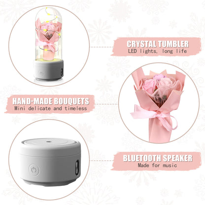 Bouquet créatif 2 en 1 avec lumière LED et haut-parleur Bluetooth, cadeau de fête des mères, veilleuse lumineuse Rose, ornement dans un couvercle en verre