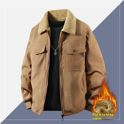 Fleece Corduroy Cotton Coat Jacket Men's Loose Casual Polo Collar Coat