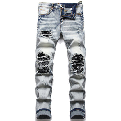 Men Biker Jeans Paisley Print Patch Casual Pants