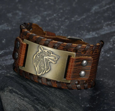 Asgard Crafted Leather Buckle Arm Cuff With Fenrir Design