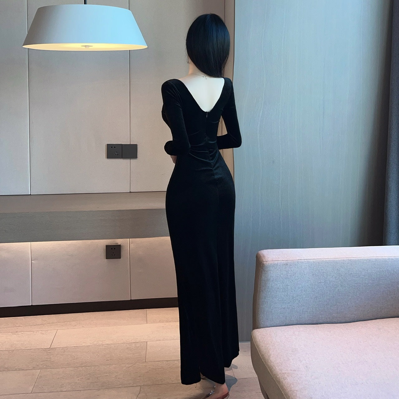 Long High Slit Gold Velvet Bottom Dress Skirt