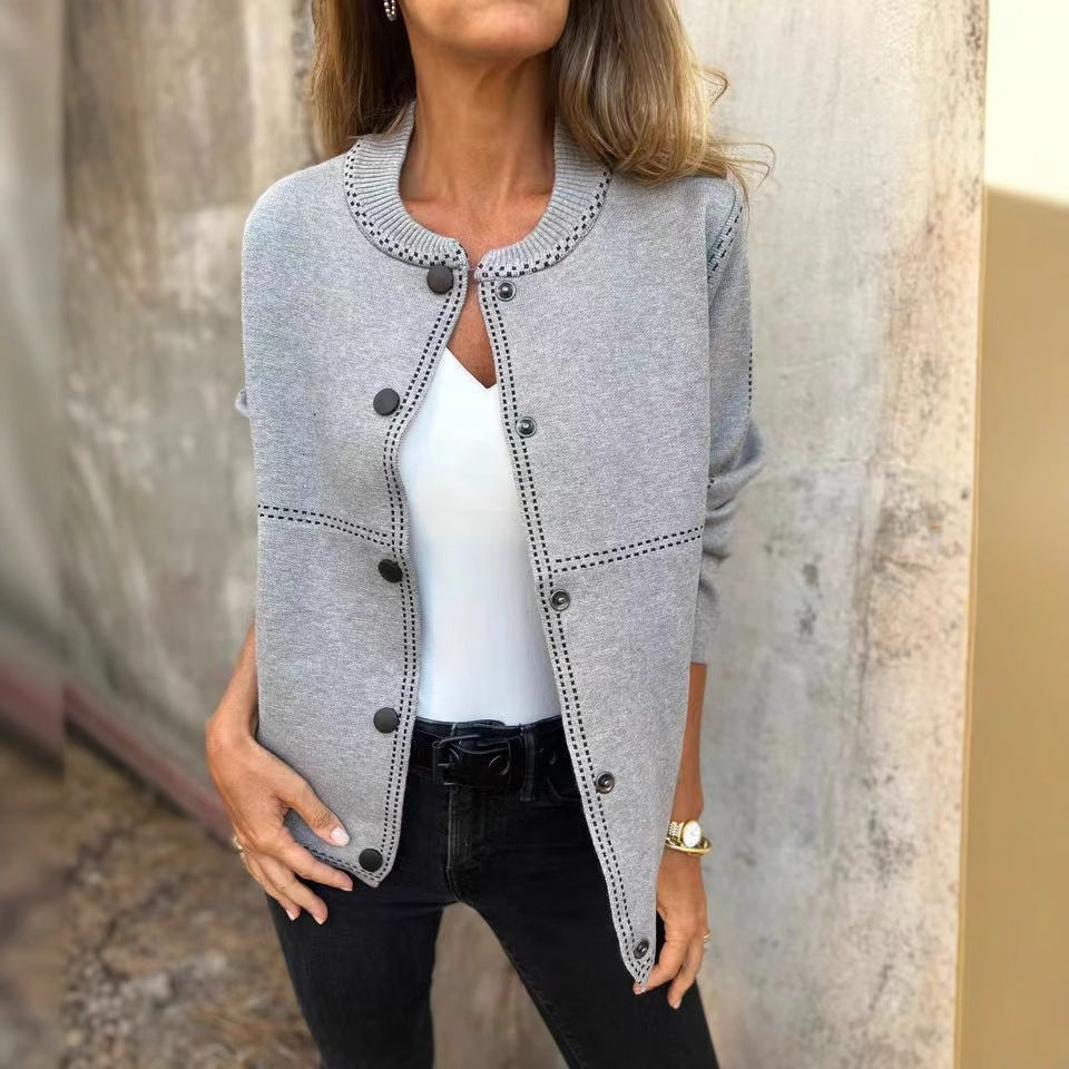 Ins Black-striped Button Cardigan Fashion Sweater Loose Round Neck Long Sleeve Cropped Tops Women's Clothing