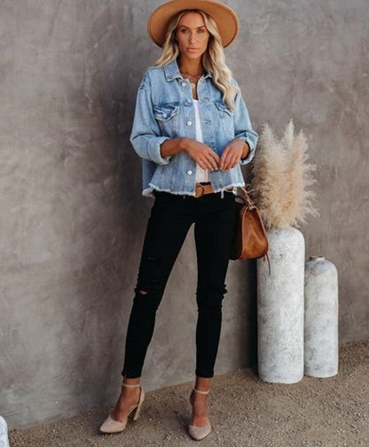 Kort Jacka ample effiloché en denim