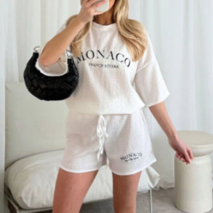 Randiga, halvärmade shorts med överdimensionerade foder för kvinnor, tvådelat set med vardagskläder och sportkläder