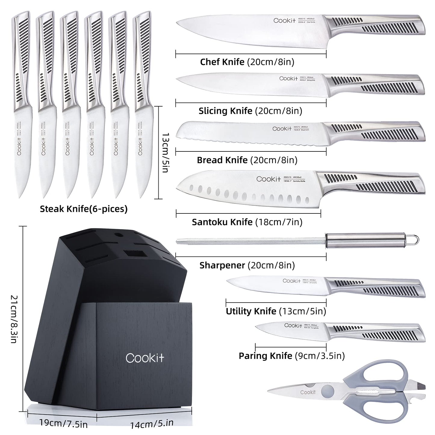 Ensemble de couteaux de cuisine, 15 pièces avec bloc, couteaux de chef avec manche creux en acier inoxydable allemand antidérapant, ensemble de couverts avec ciseaux multifonctionnels, aiguiseur de couteaux, plate-forme Amazon Banned