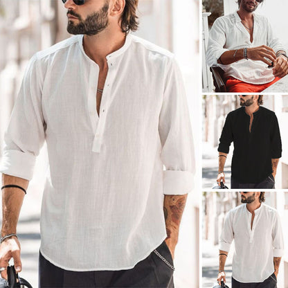 Men's Casual Stand-up Collar Door Barrel Solid Color Long-sleeved Shirt