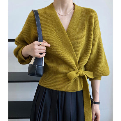 French Retro Knitted Cardigan Top - V-neck, Tie, Loose Fit, Handmade Spring Clothing