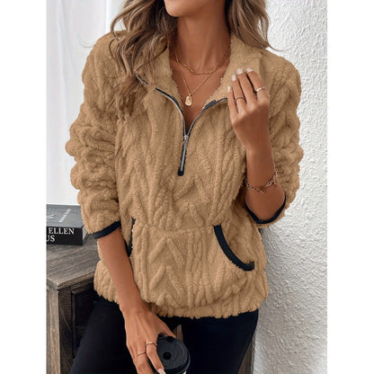 Lapel Classic Style Jacquard Half Zipper Plush Pocket For Women