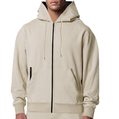 Fall Winter Men's Solid Color Long-sleeve Zipper Hooded Sports Casual Fleece Warm Sweatshirt