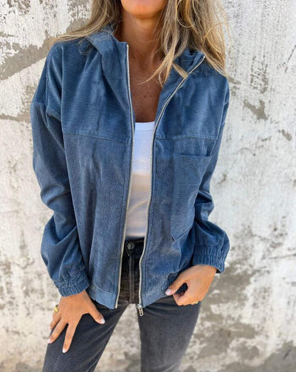 Women's Solid Color Simple Corduroy Hooded Jacket