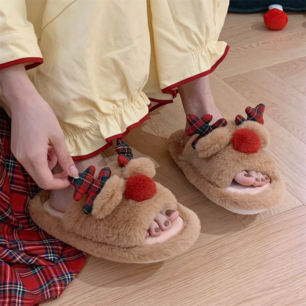 Indoor Cute One-word Cotton Slippers Autumn Women's Cartoon Fluffy Slippers