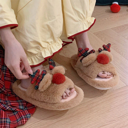 Indoor Cute One-word Cotton Slippers Autumn Women's Cartoon Fluffy Slippers