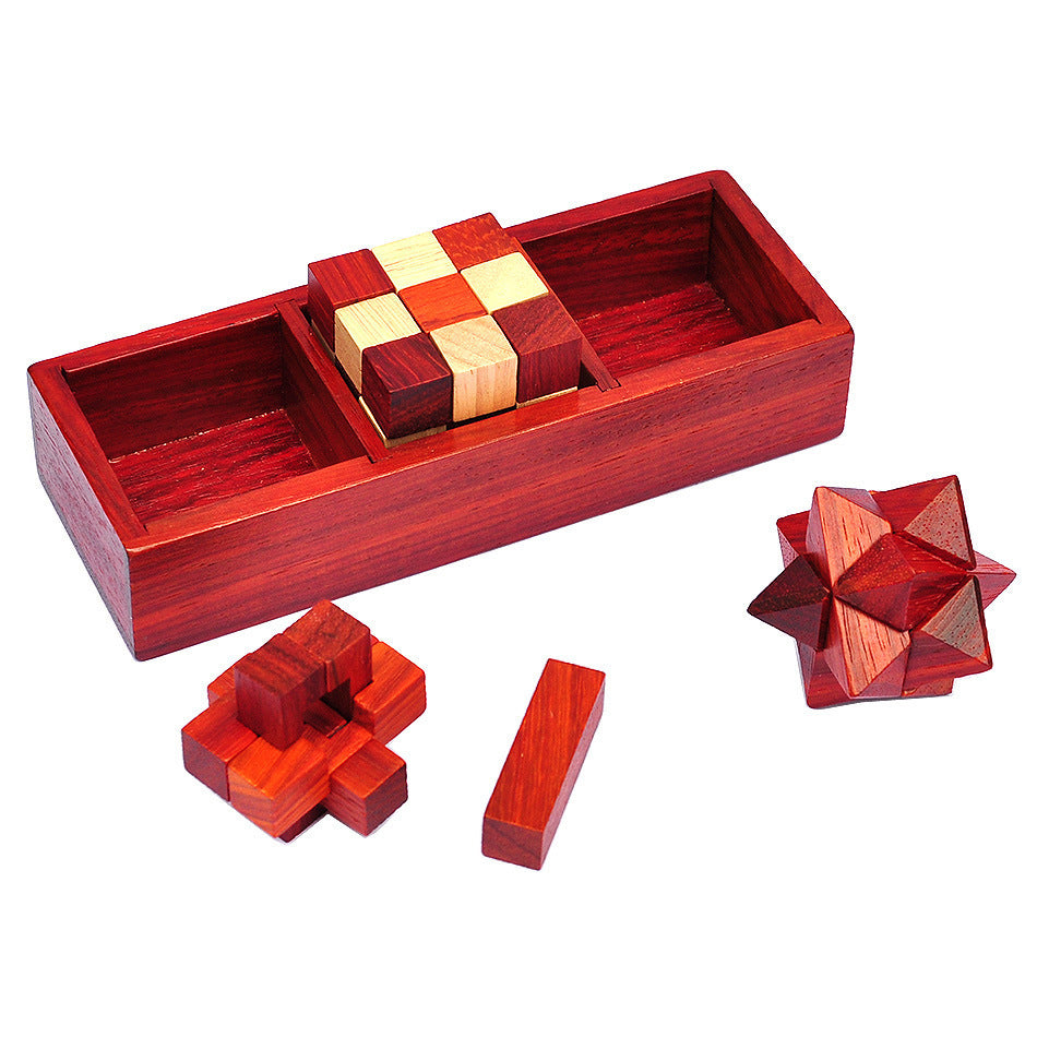 3 In 1 Set Vintage Style Wood Box Packed IQ Wooden Brain Teaser Puzzles Game Toys