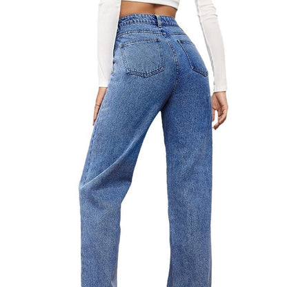 Washed Fashion Straight Jeans Women's Mid Waist