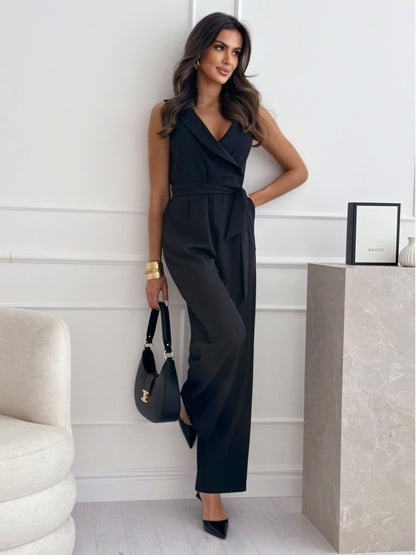 V-neck Sleeveless Jumpsuit With Belt Design Summer Fashion Trousers Women's Clothing