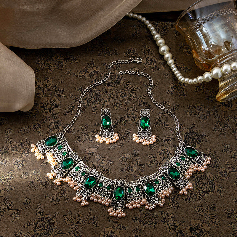 Vintage Emerald Earrings - Ethnic Style Square Tassel Bead Pendant Jewelry Suit
