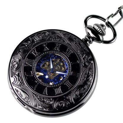 Retro Flip New Roman Blue Surface Mechanical Pocket Watch