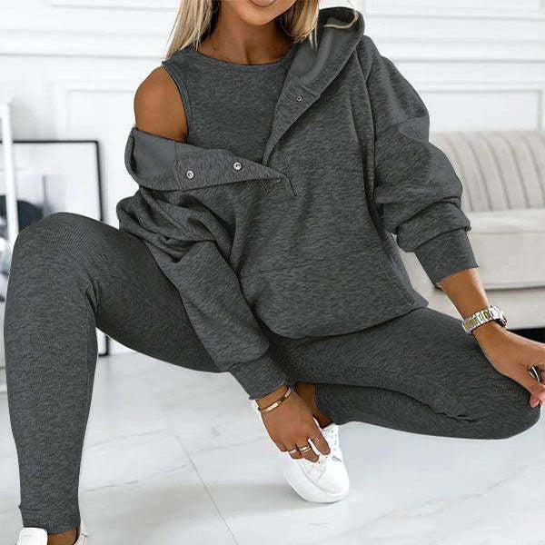 3pcs Women's Sports Suit Loose Hooded Pockets Sweatshirt And Vest And Slim Trousers