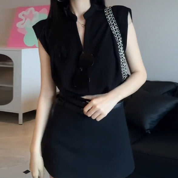 Goddess Temperament Sleeveless V-neck Shirt Skirt Two-piece Suit
