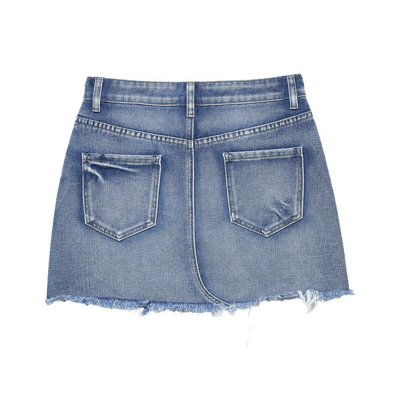 Professional European American Fashion Casual Hole Denim Mini Skirt - Simple Design (High-Quality Denim, Trendy Details)