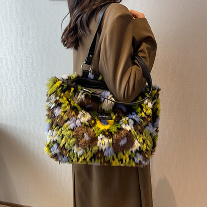 Sacs en peluche d'hiver pour femmes, sac à bandoulière à fleurs, sac à main