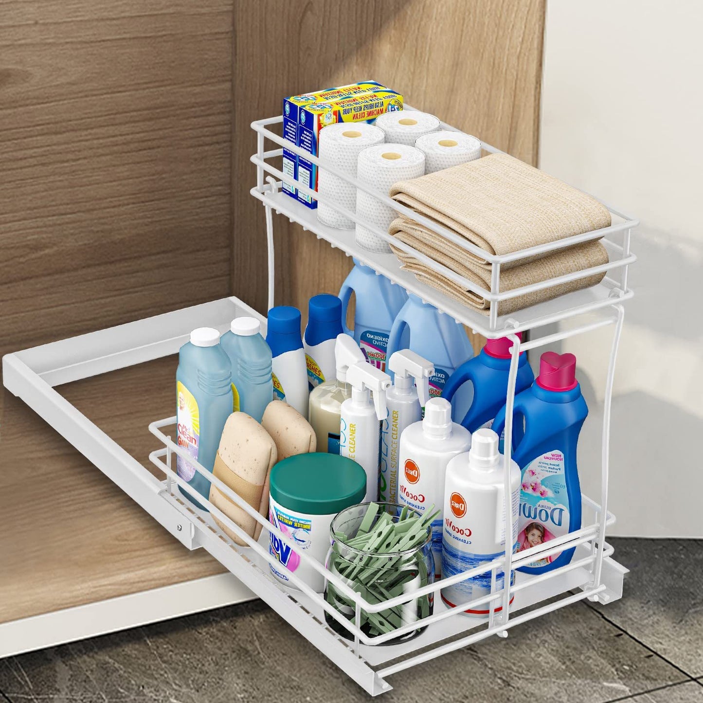 2-pack, utdragbar metallskåporganisatör, kök och badrumsorganisatör och förvaringsställ med skjutbara lådor, förvaringsställ, förvaring och organisation för hemmet, tvättstuga, husbil, skafferi, kryddor