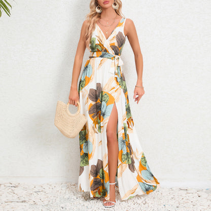 Robe longue à imprimé Floral, col en v, mode d'été, fente à la taille, sans manches, vêtements pour femmes