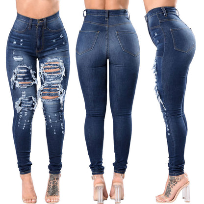 Kvinnors Ripped Denim Washed Denim Byxor