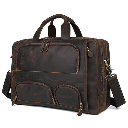 MAHEU Vintage Leather Mens Briefcase With Pockets Cowhide Bag