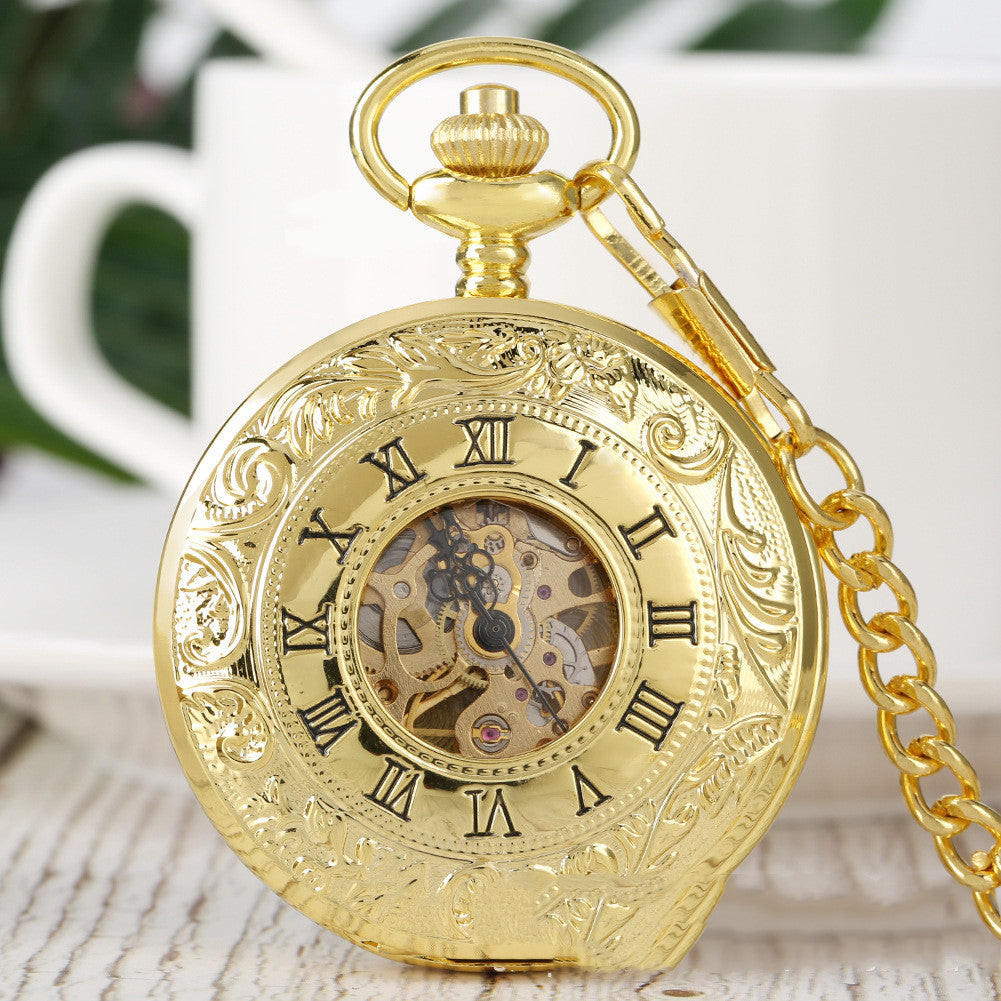 Retro Double-open Carved Hollow Manual Manipulator Pocket Watch For Men And Women