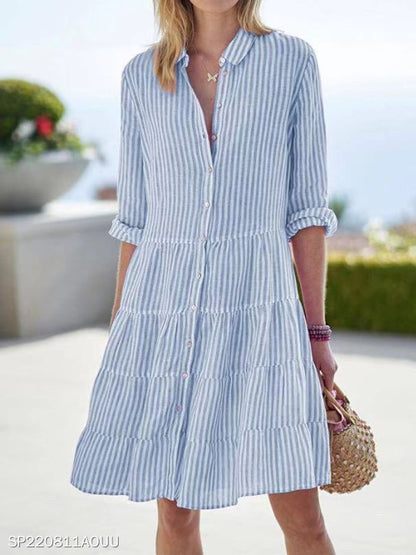 Ins Striped Long-sleeved Shirt Dress Fashion Lapel Button Dresses For Women