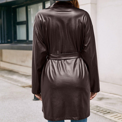 Trench-coat slim à manches longues en cuir mi-long en dentelle occidentale