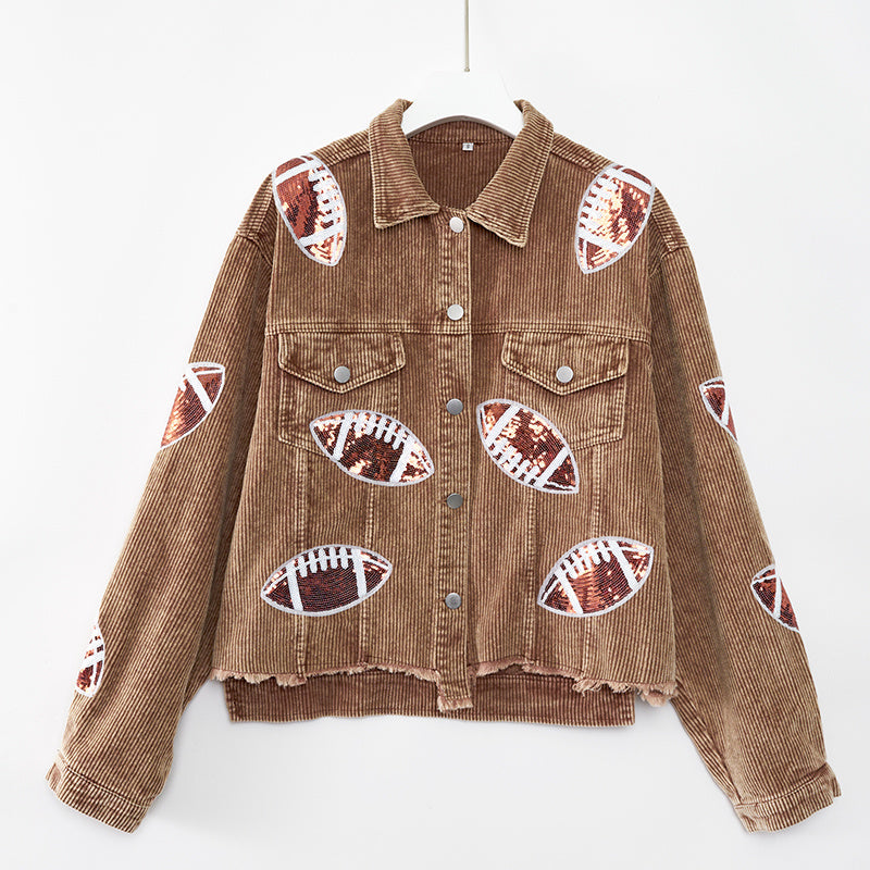 Veste en velours côtelé à la mode, veste de Baseball imprimée Rugby, hauts d'automne et d'hiver pour femmes