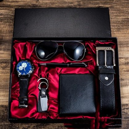 Coffret cadeau de luxe pour hommes, lunettes de soleil, ceinture, montre, portefeuille, 6 ensembles