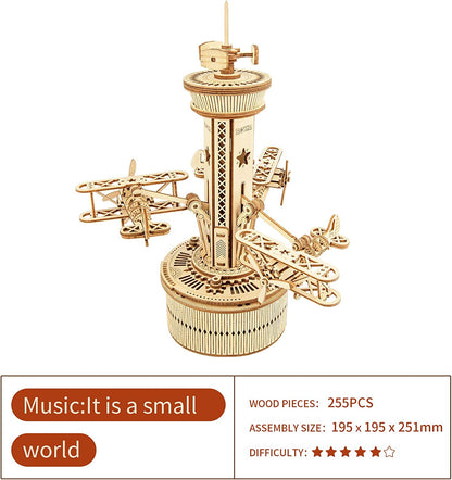 Robotime Rokr Puzzles 3D en bois pour adultes Kit de modèle de boîte à musique à monter soi-même Kit de construction à monter soi-même Tour de contrôle d'avion