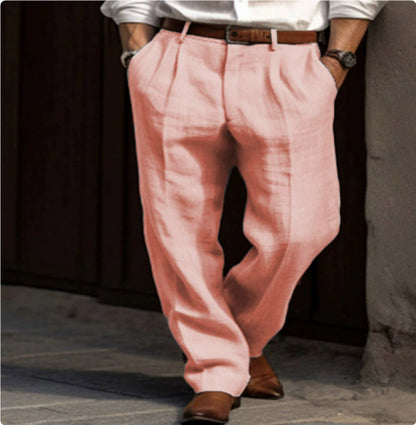 Men's Linen Trousers Double Pleated Front Pocket Straight Pure Color Comfort Breathable Casual