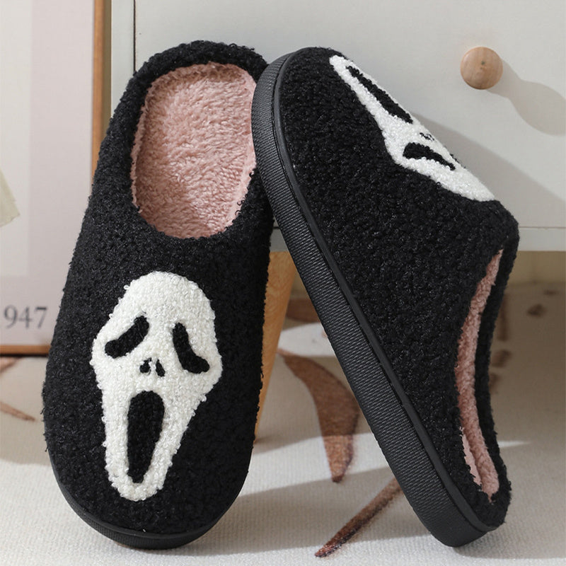 Pantoufles imprimées de dessin animé de crâne d'halloween, pantoufles chaudes d'hiver pour hommes et femmes, chaussures de maison pour Couple, pantoufles d'intérieur en coton