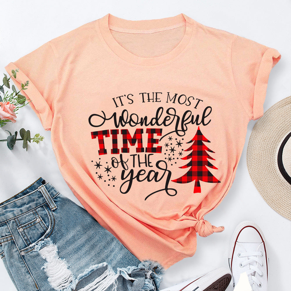 Christmas Print Round Neck Short Sleeve Women's T-shirt