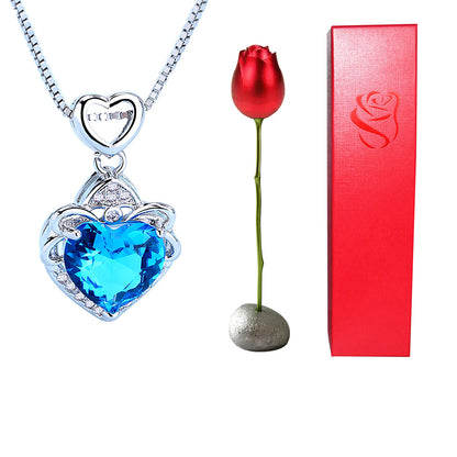 Valentines Day Gift Heart Shaped Blue Purple Crystal Diamond Pendant Rose Head Necklace