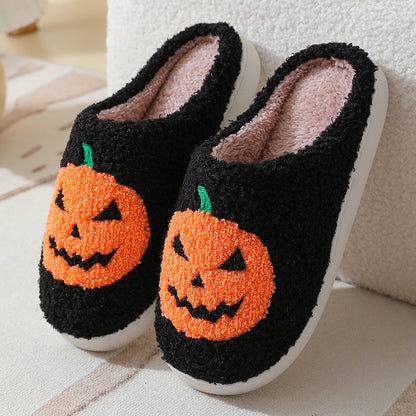 Pantoufles de dessin animé citrouille d'halloween, pantoufles chaudes d'hiver pour hommes et femmes, chaussures d'intérieur pour Couples