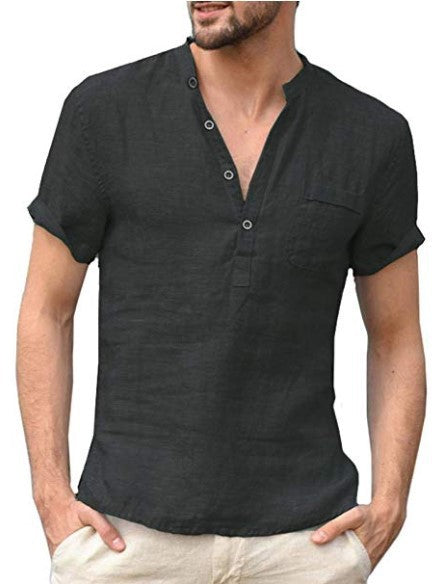 Chemise décontractée en lin de couleur unie, bouton, col en V, chemise de plage pour hommes, hauts d'été