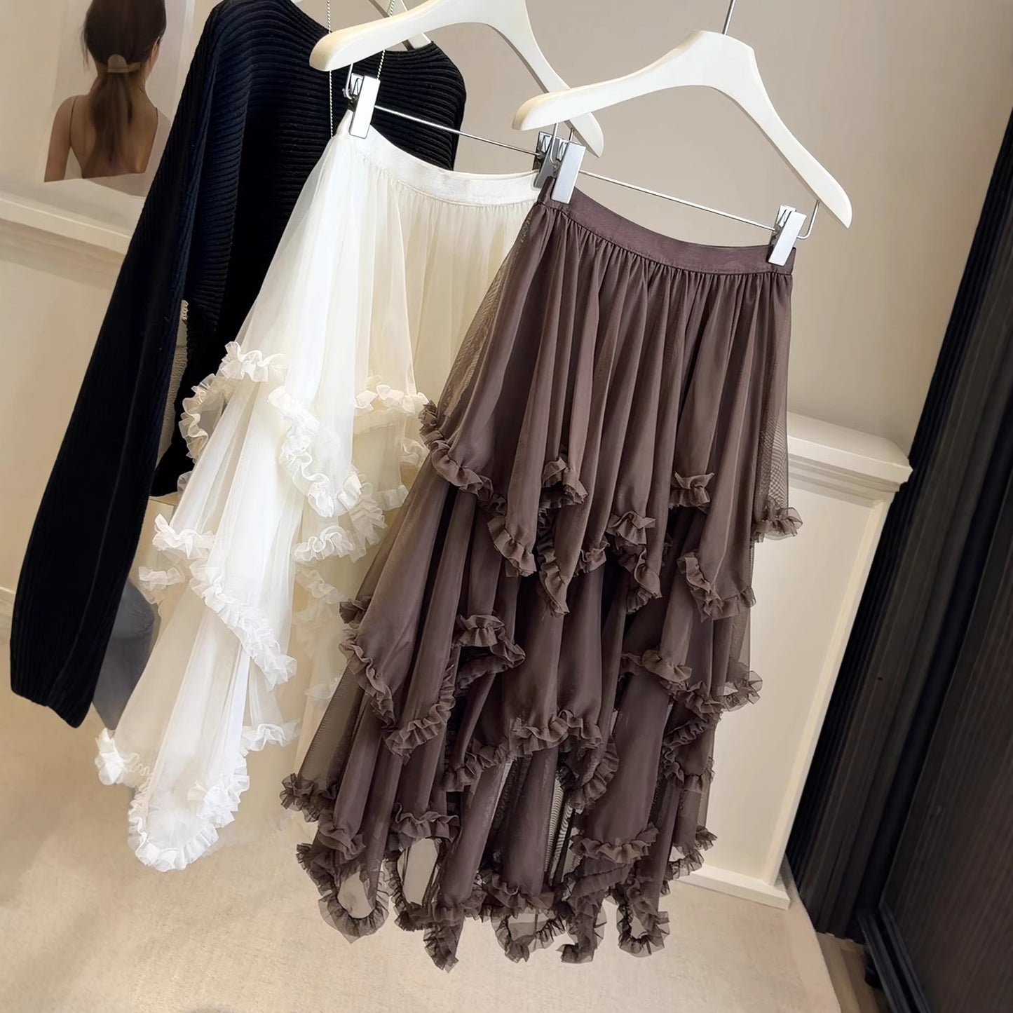 Womens Fashion Irregular Ruffle Trim Mesh Skirt