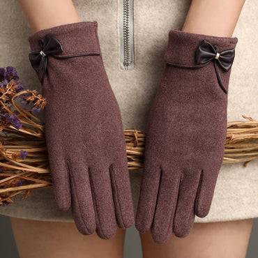 Fleece-lined De Suede Bow Gloves Touch Screen Warm Outdoor All-matching