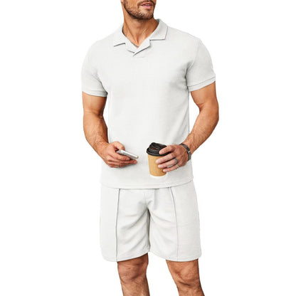 2 pièces ensemble hommes col en V Polo revers manches courtes hommes costume Style gaufré décontracté mode T-Shirt été