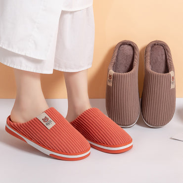 Solid Color Striped Slippers For Women Thick-soled Anti-slip Indoor Warm Plush Home Shoes Couple Women Men Slipper Winter