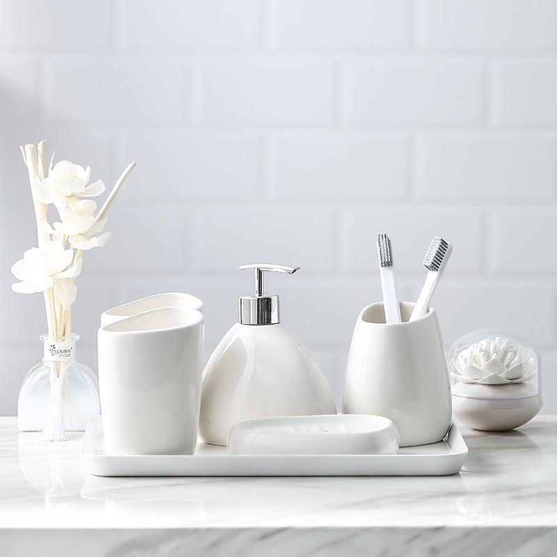 Simple White Porcelain Bathroom Five-piece Hotel Bathroom Toiletries Mouthwash Cup Bath Bottle